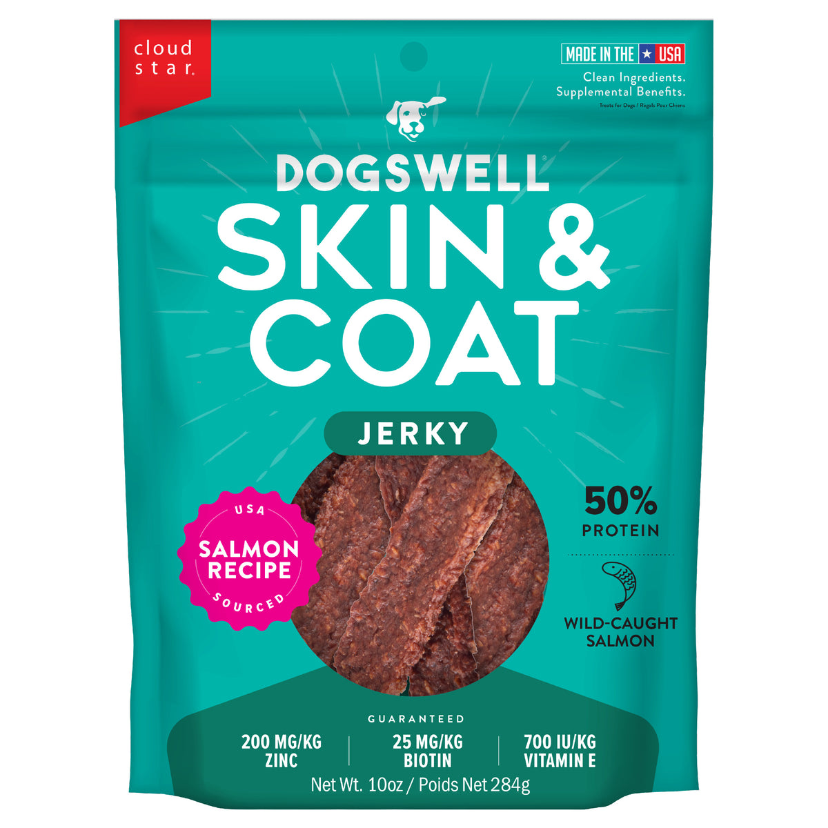 Dogswell Jerky Skin & Coat Salmon Recipe Grain-Free Dog Treats 10 oz