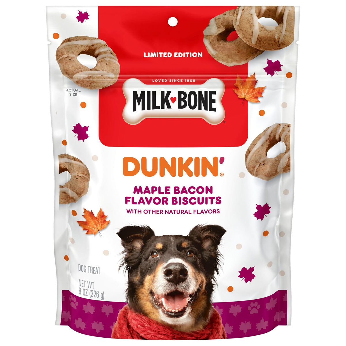 Milk-Bone Dunkin Donut Maple Bacon Flavor Vanilla Dipped Dog Treat Biscuit 8 oz