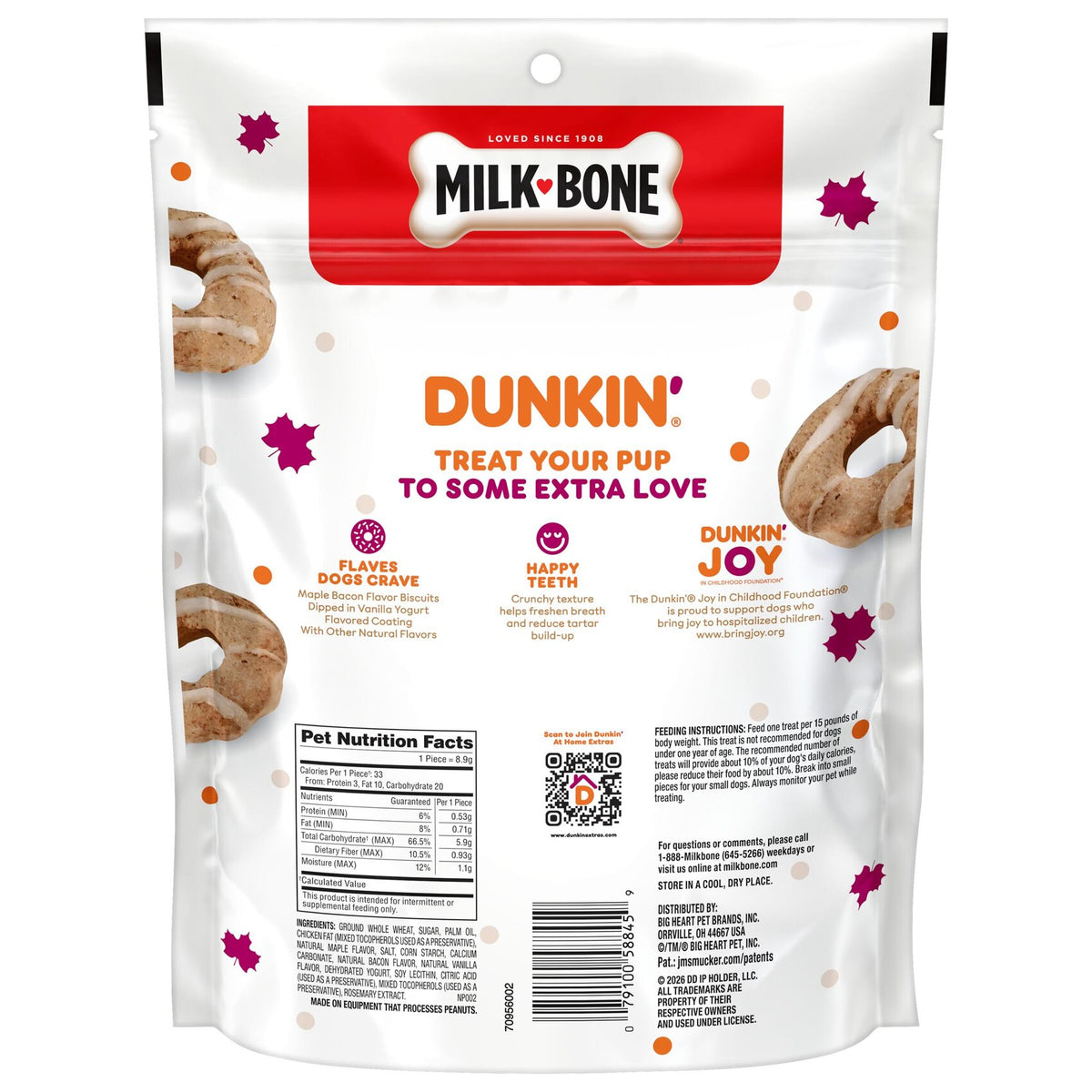 Milk-Bone Dunkin Donut Maple Bacon Flavor Vanilla Dipped Dog Treat Biscuit 8 oz