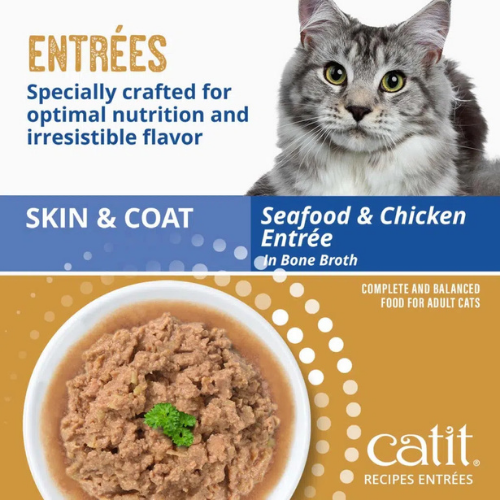 Catit Skin and Coat Seafood and Chicken Entrée in Bone Broth Wet Food for Adult Cats