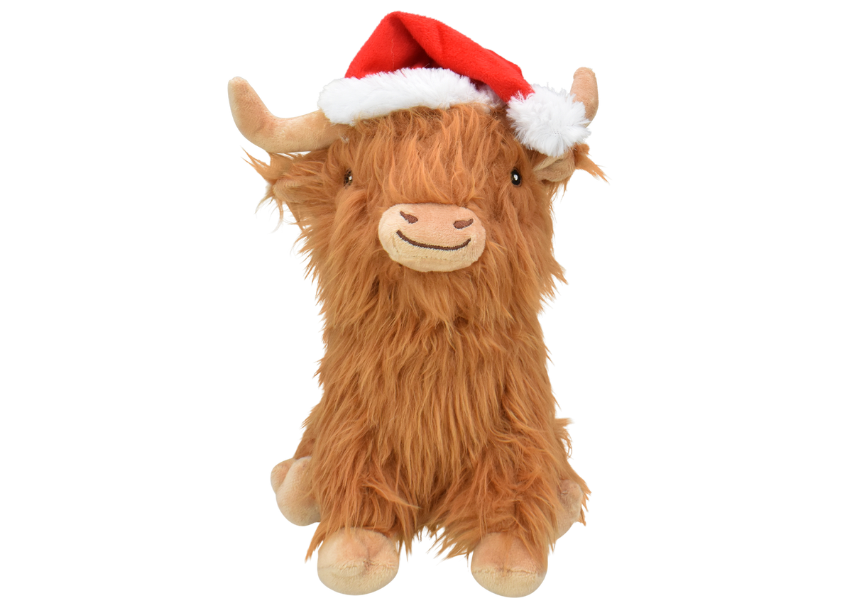 Multipet Holiday Highland Cow with Santa Hat Plush Dog Toy 8 in