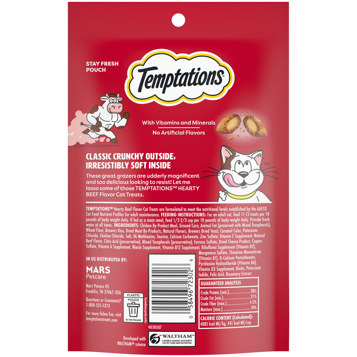 Whiskas Temptations Classic Crunchy and Soft Cat Treats Hearty Beef Flavor