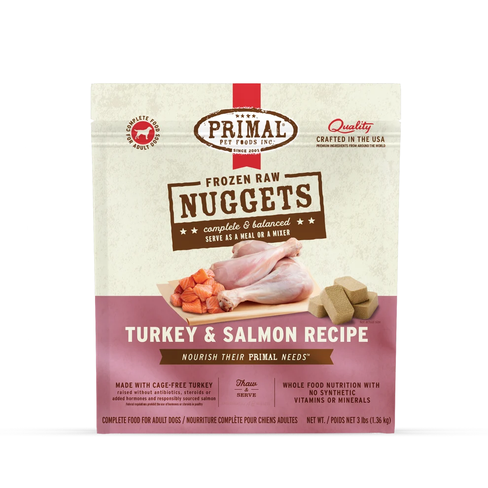 Primal Raw Frozen Nuggets Turkey & Salmon Formula Dog Food 3 lb
