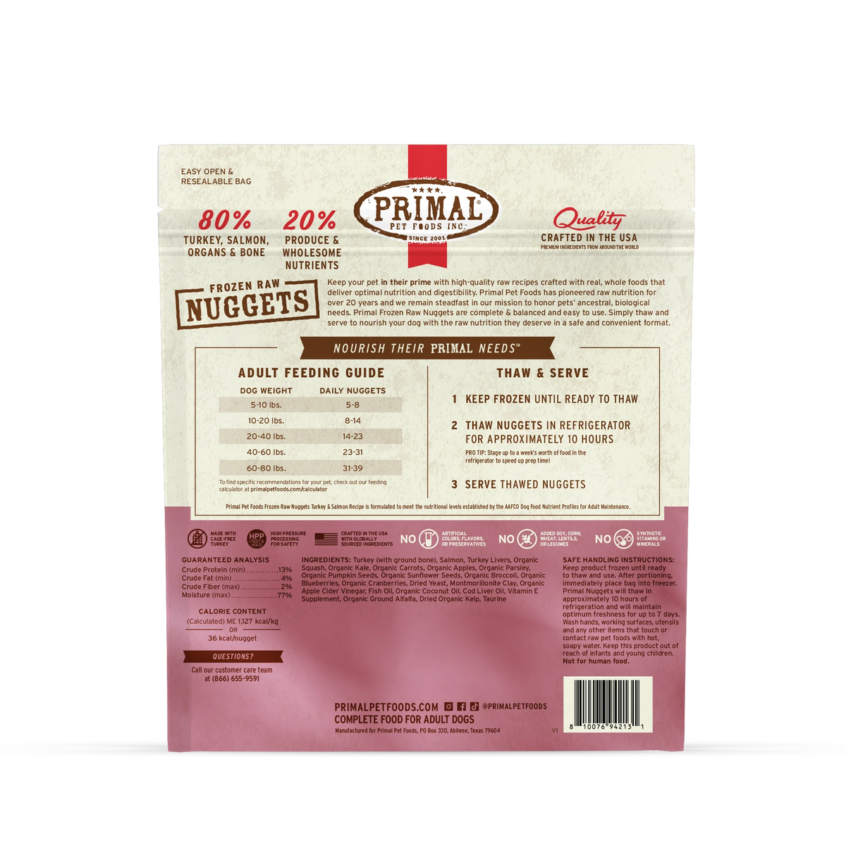 Primal Raw Frozen Nuggets Turkey & Salmon Formula Dog Food 3 lb