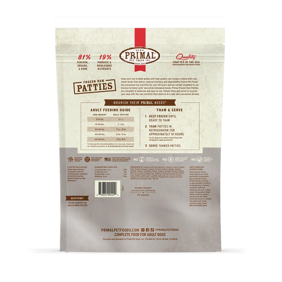 Primal Raw Frozen Patties Vension Formula Dog Food 6 lb