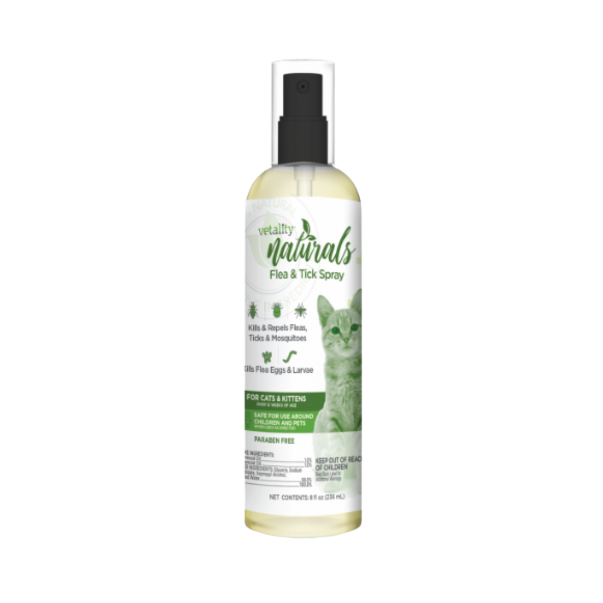 Vetality Naturals Flea & Tick Spray for Cats, Kills & Repels Fleas, Flea Eggs & Larvae, Ticks & Mosquitoes 8 oz