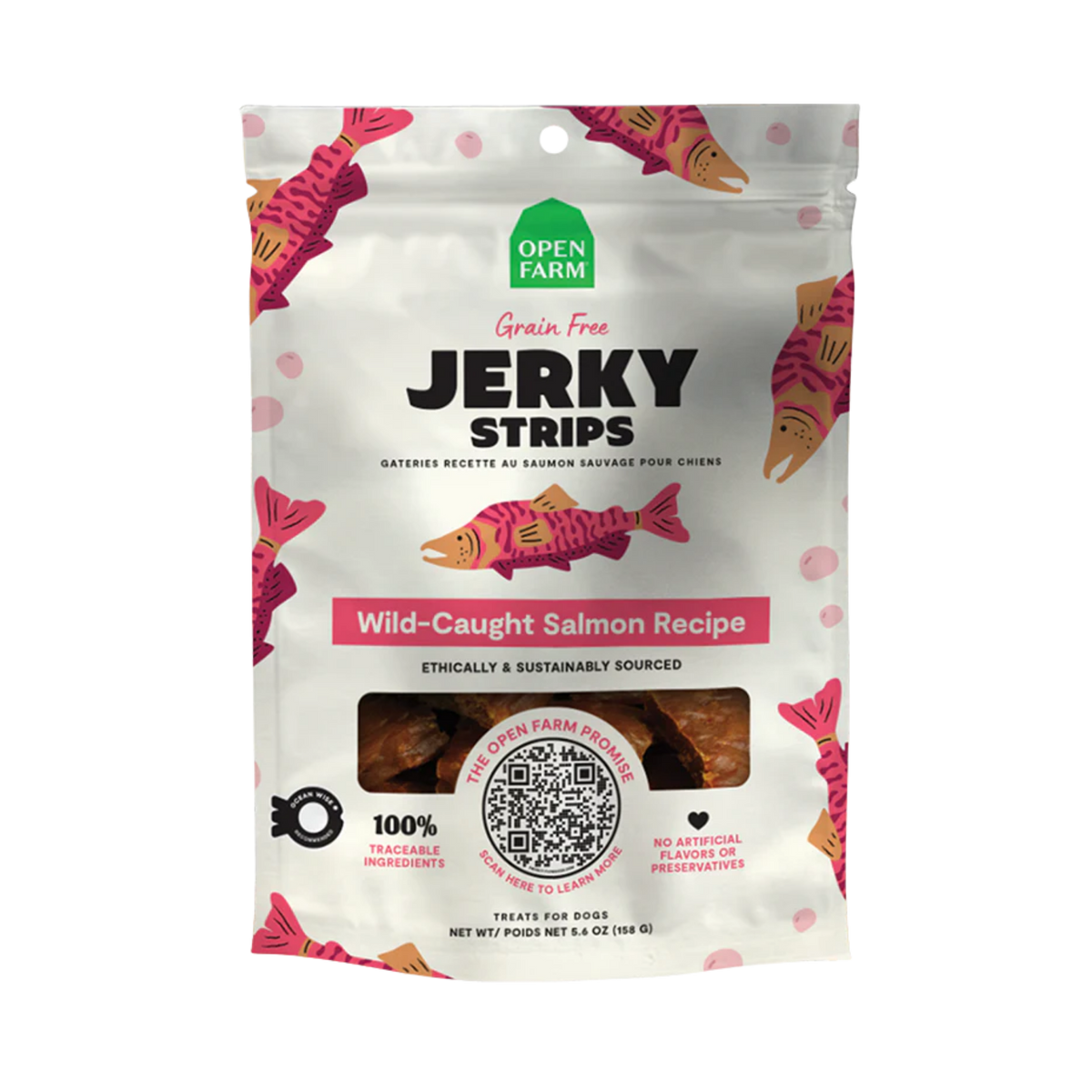 Open Farm Grain-Free Wild-Caught Salmon Recipe Jerky Strips Dog Treats 5.6 oz