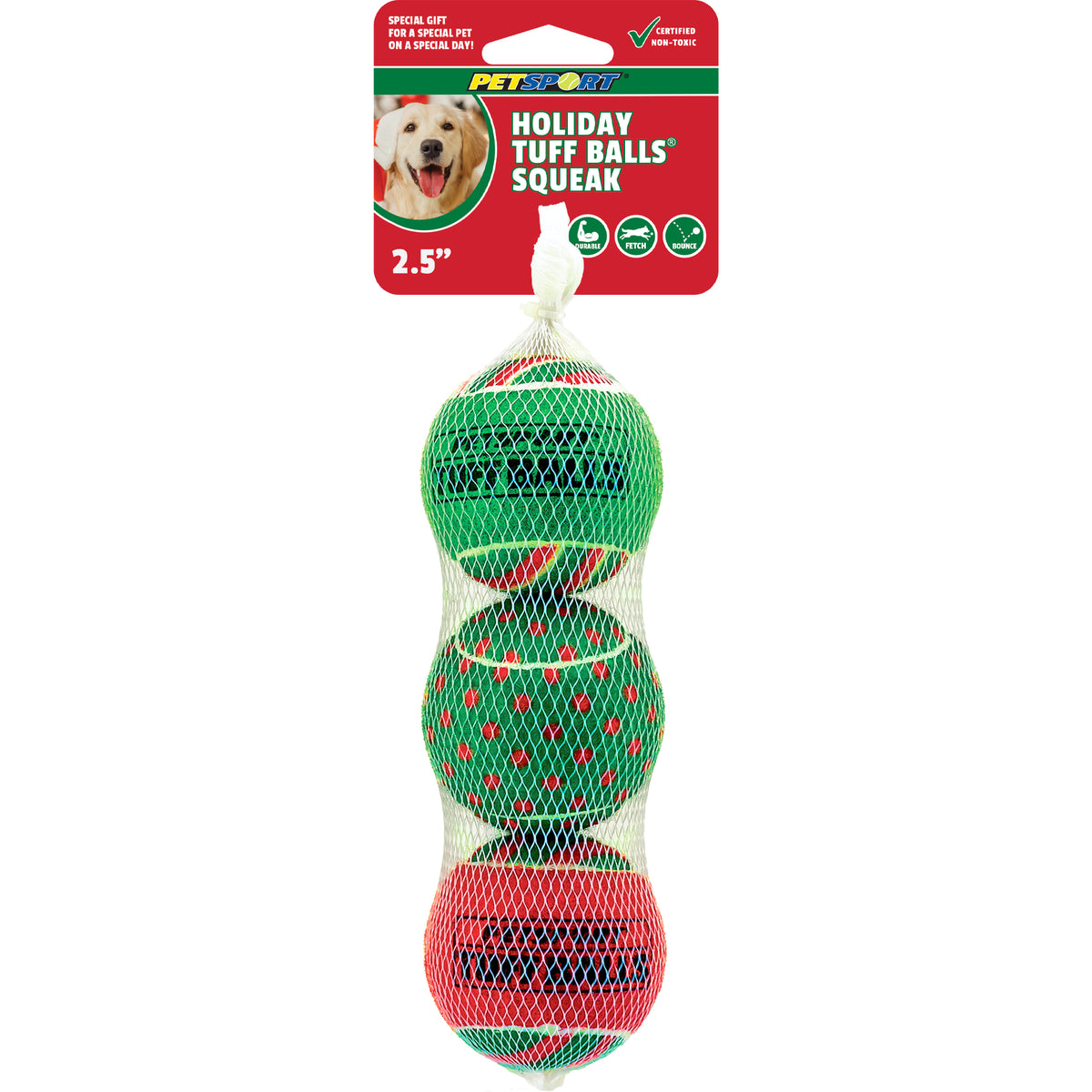 Petsport 2.5 in Holiday Tuff Tennis Balls with Squeak Dog Toys 3 pk