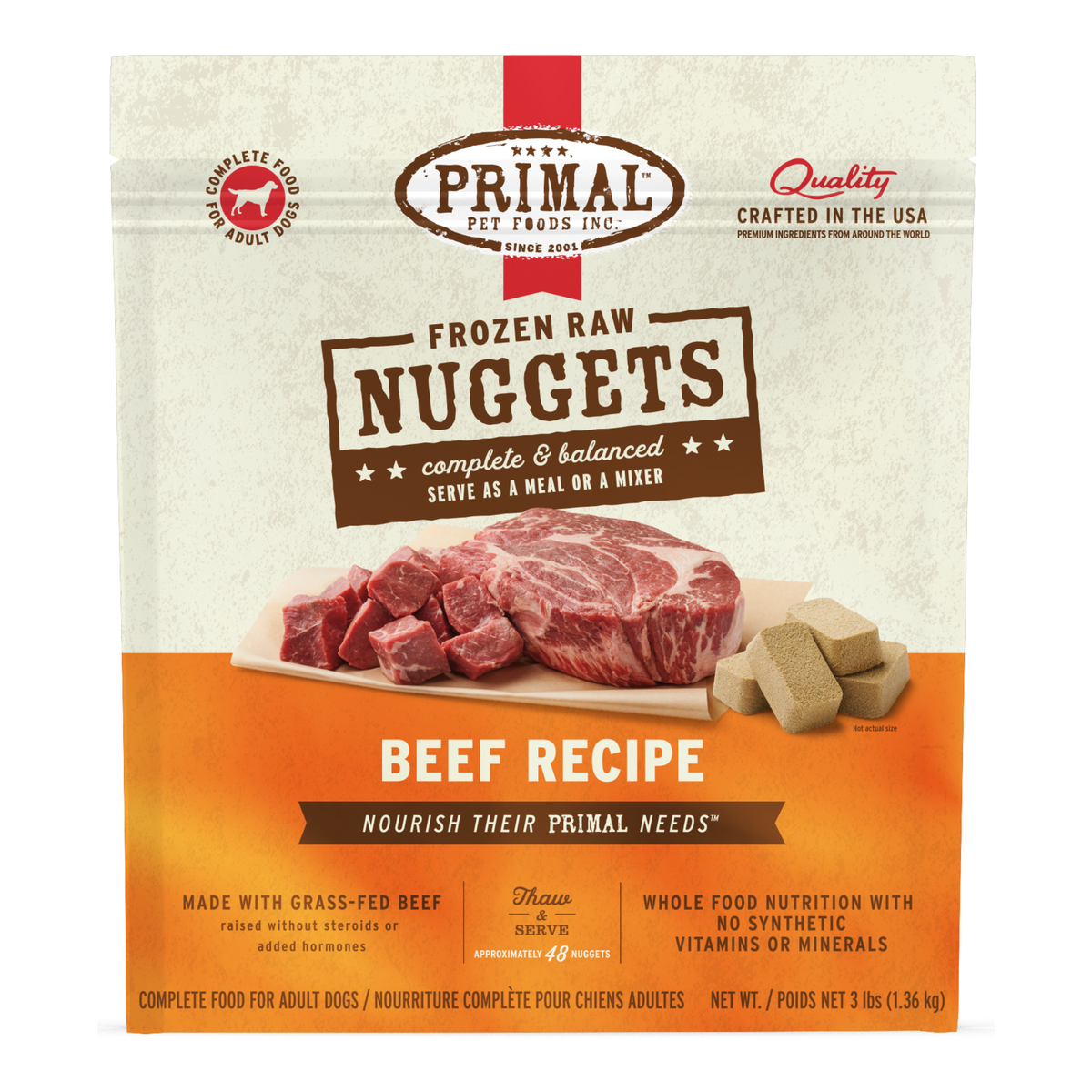 Primal Raw Frozen Nuggets Beef Formula Dog Food 3 lb