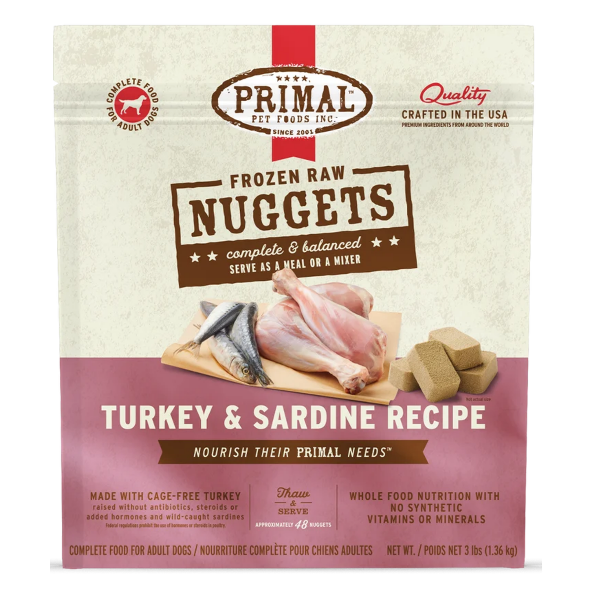 Primal Raw Frozen Nuggets Turkey & Salmon Formula Dog Food 3 lb