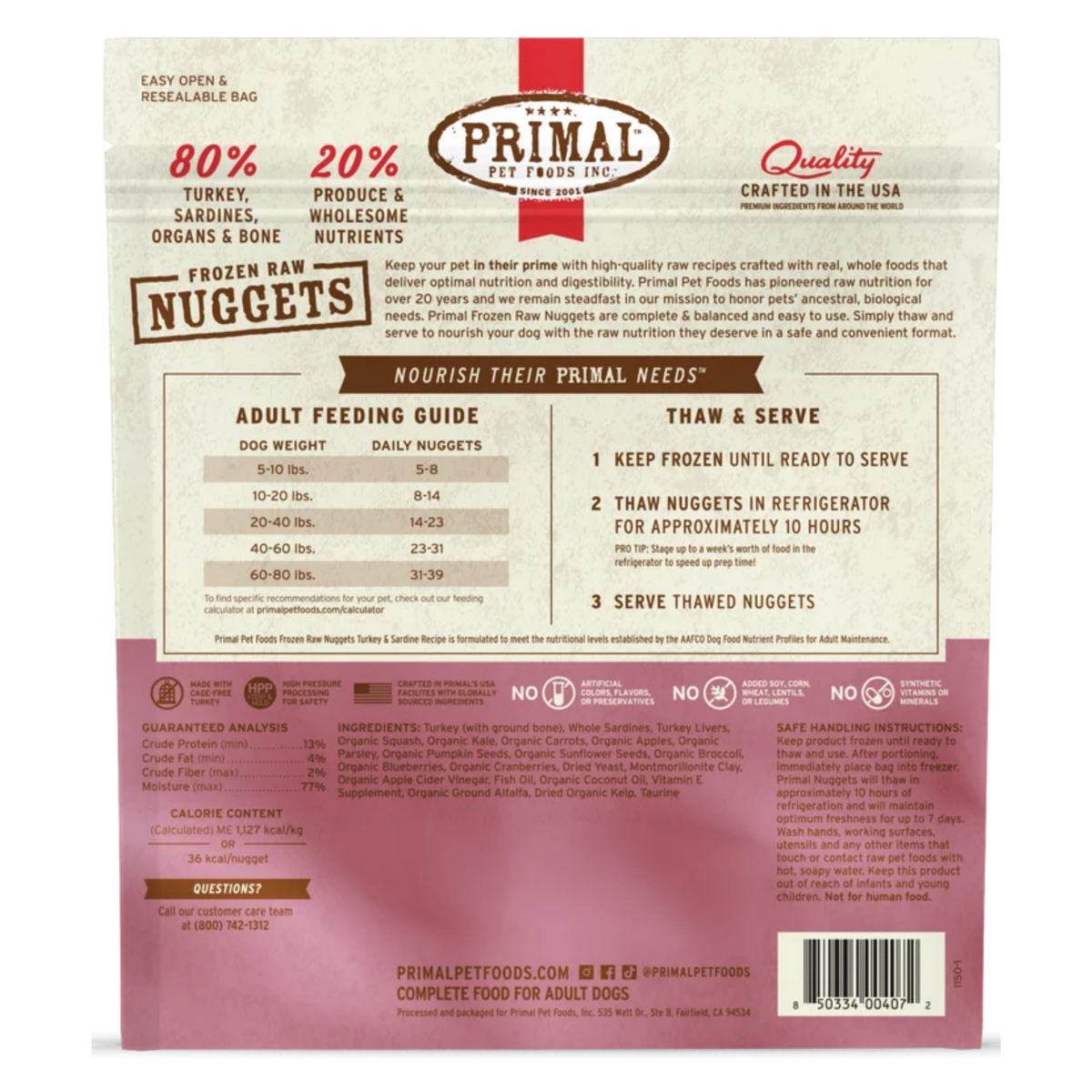 Primal Raw Frozen Nuggets Turkey & Salmon Formula Dog Food 3 lb