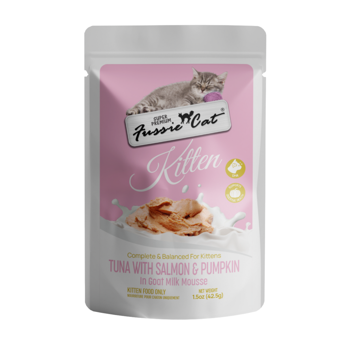Fussie Cat Tuna with Salmon and Pumpkin in Goat Milk Mousse Kitten Pouch Wet Food