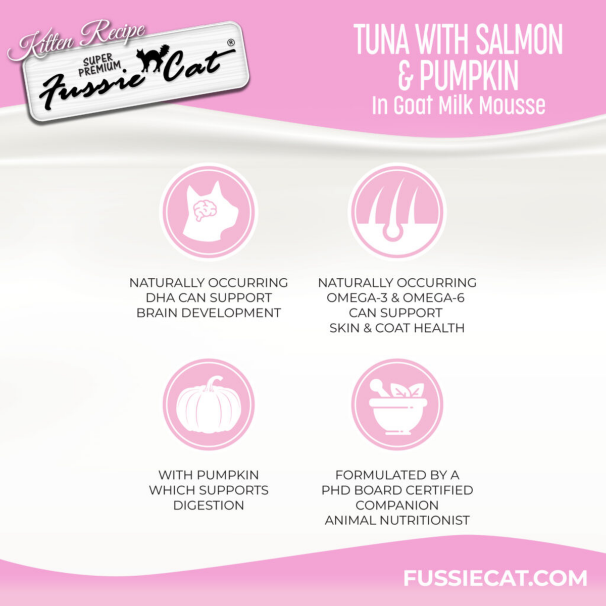Fussie Cat Tuna with Salmon and Pumpkin in Goat Milk Mousse Kitten Pouch Wet Food