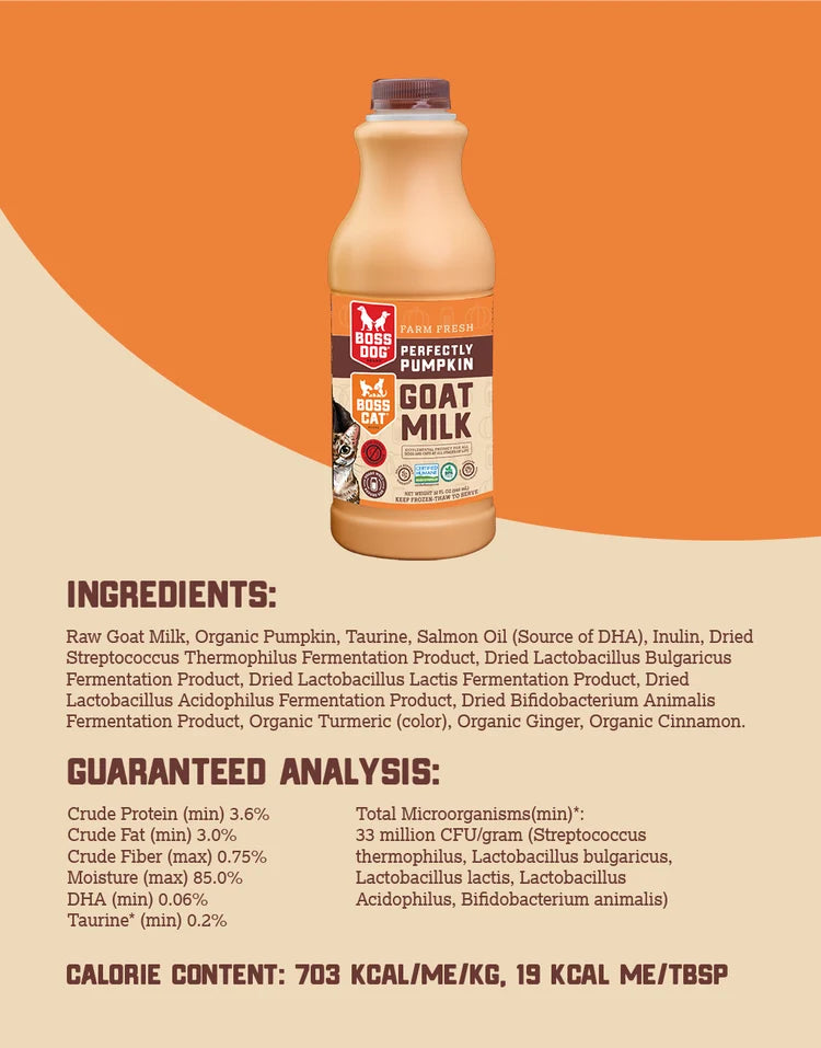 Boss Dog Farm Fresh Perfectly Pumpkin Goat Milk for Dogs & Cats 32 oz