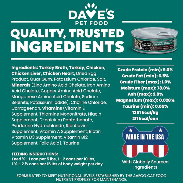 Dave's Naturally Healthy Grain-Free Turkey & Giblets Pate Dinner Wet Cat Food