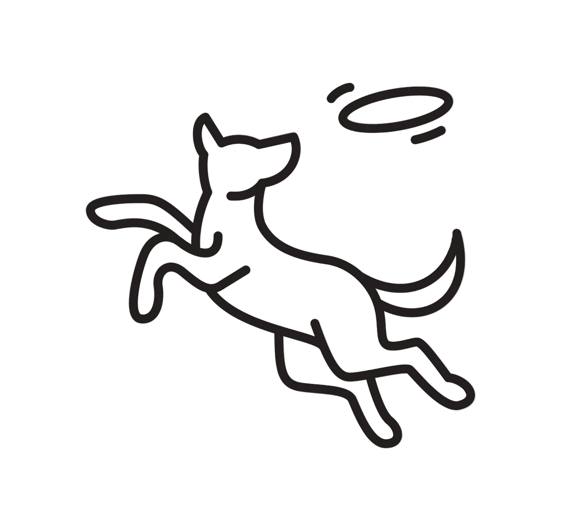 Black line drawing of a dog chasing a frisbee on a white background