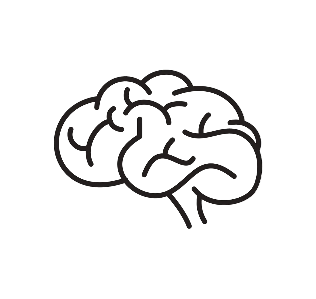 Black line drawing of a brain on a white background