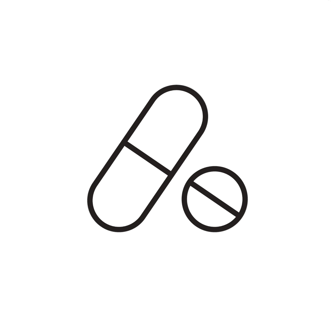 Black outline of a pill and a prohibition sign on a white background