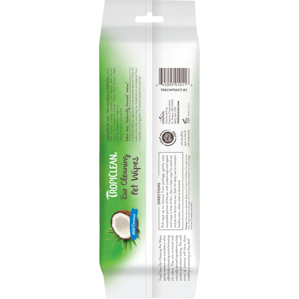 Tropiclean Wax, Debris & Odor Remover Ear Cleaning Dog & Cat Wipes 50 ct
