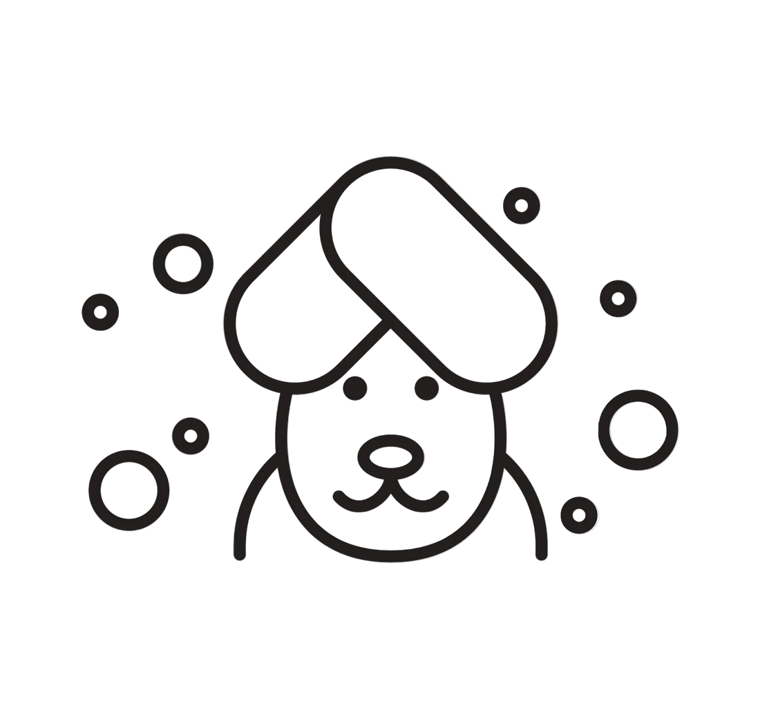 Black and white icon of a dog with bubbles on a light gray background