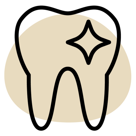 Illustration of a tooth with a star inside, on a beige background, and text 'Boost oral health' below.
