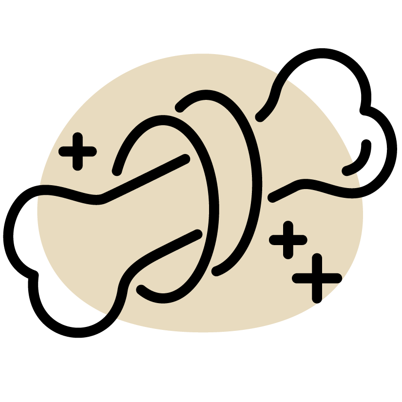 Icon of a muscle with bones and joints, labeled 'Strong muscles, bones & joints' on a beige background.