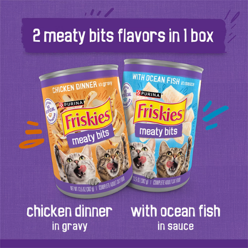 Friskies Meaty Bits with Ocean Fish in Sauce and Chicken Dinner in Gravy Wet Cat Food Variety Pack 13 oz/Case of 12