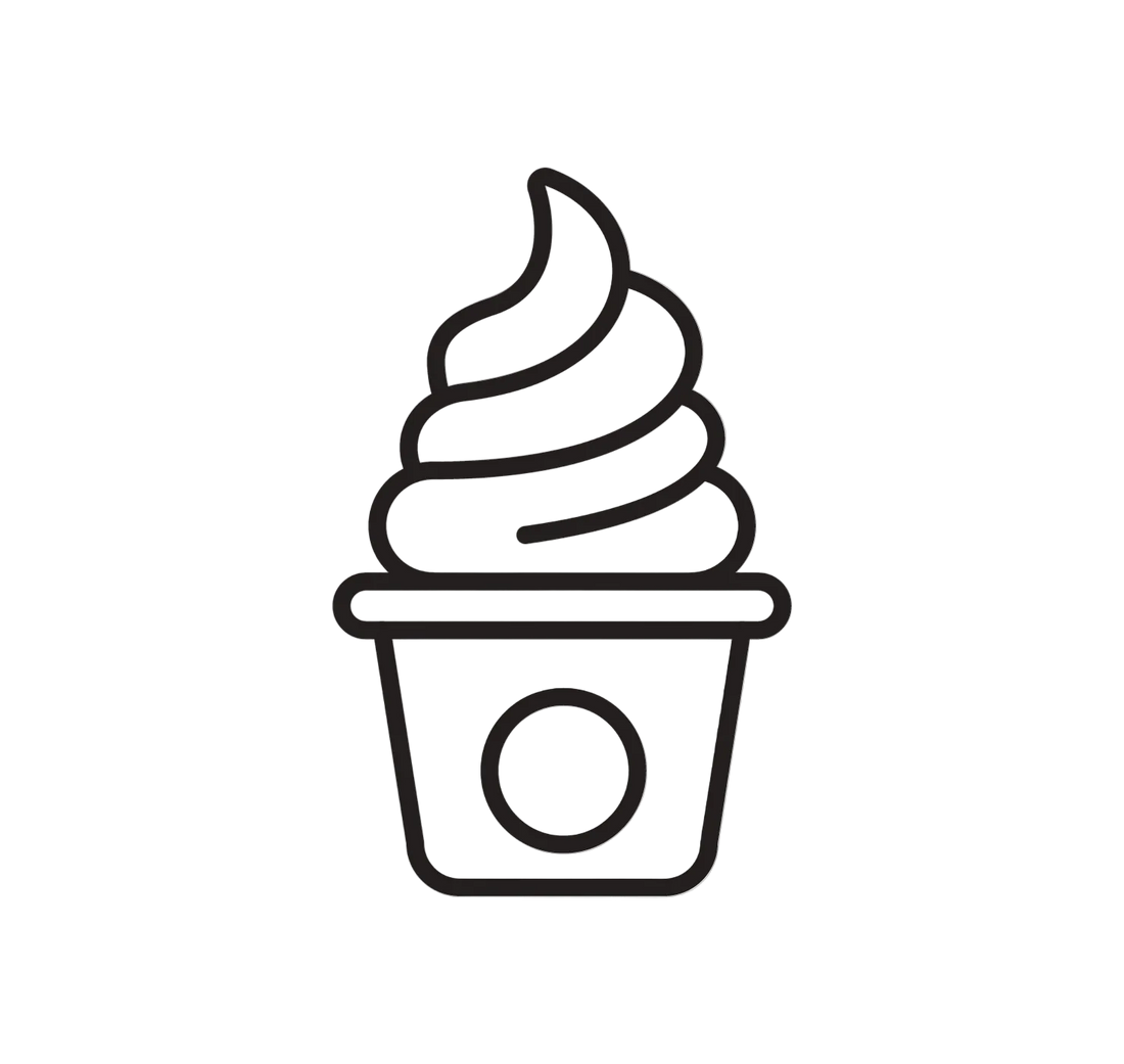 Black line drawing of a soft serve ice cream cone on a white background