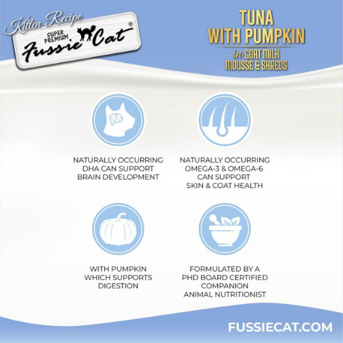 Fussie Cat Tuna with Pumpkin in Goat Milk Mousse and Shreds Kitten Recipe Wet Food