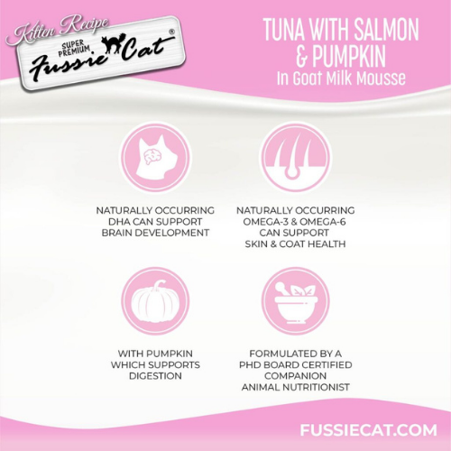 Fussie Cat Tuna with Salmon and Pumpkin in Goat Milk Mousse Kitten Pouch Wet Food