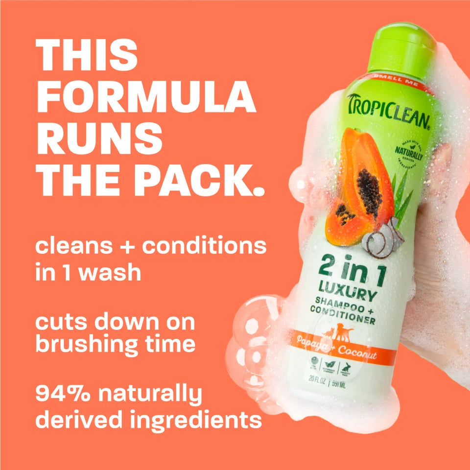 Tropiclean Papaya And Coconut Luxury 2 In 1 Shampoo Plus Conditioner For Pets 20 oz