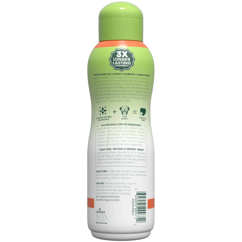 Tropiclean Papaya And Coconut Luxury 2 In 1 Shampoo Plus Conditioner For Pets 20 oz