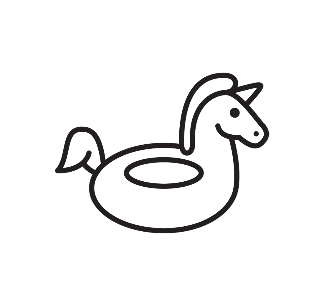Black and white line drawing of a unicorn-shaped inflatable pool float on a light gray background