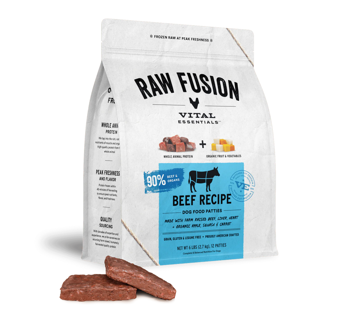 Vital Essentials Raw Fusion Beef Dinner Patties Grain-Free Frozen Dog Food 6 lb