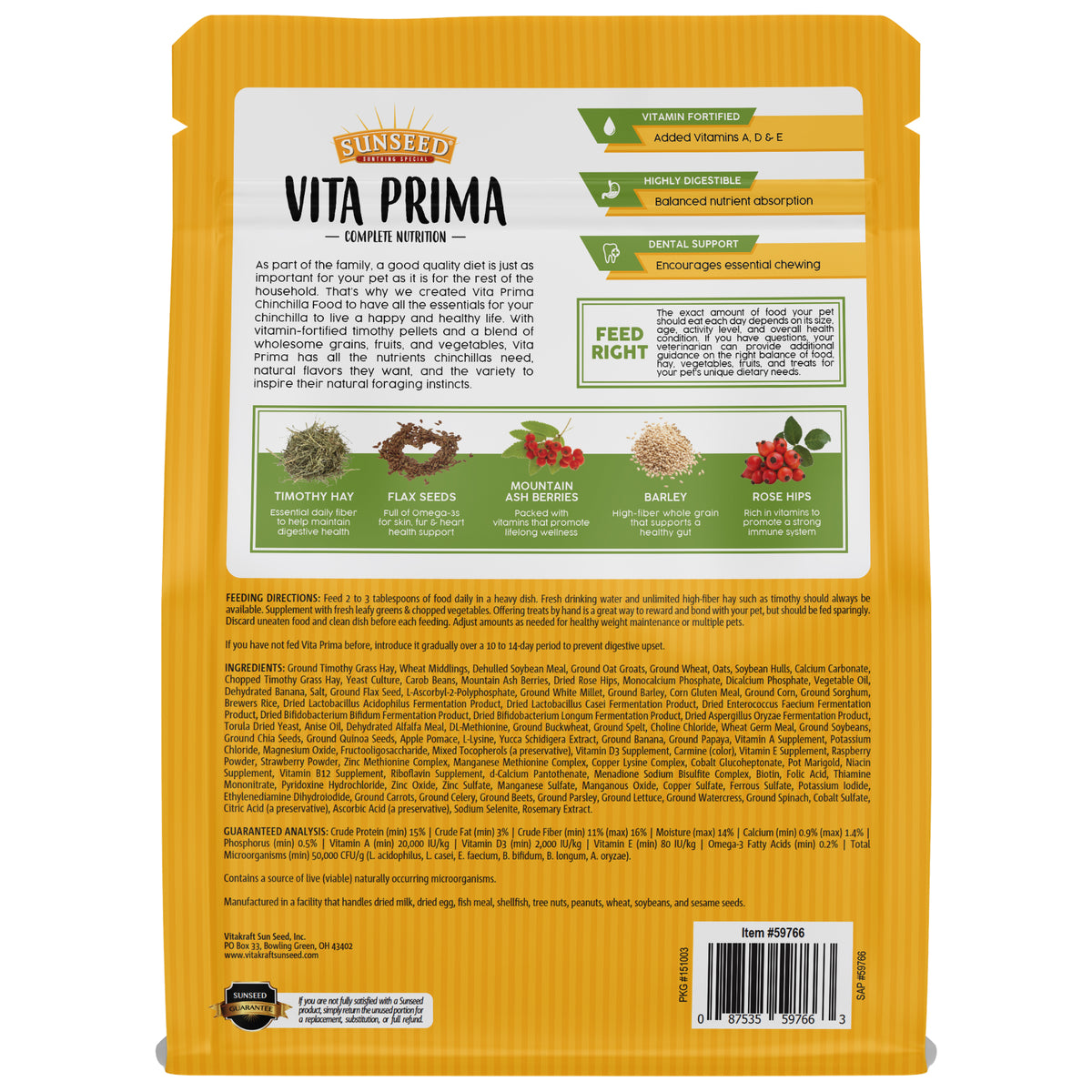Sunseed Vita Prima Complete Nutrition Chinchilla Formula Food 3 lb