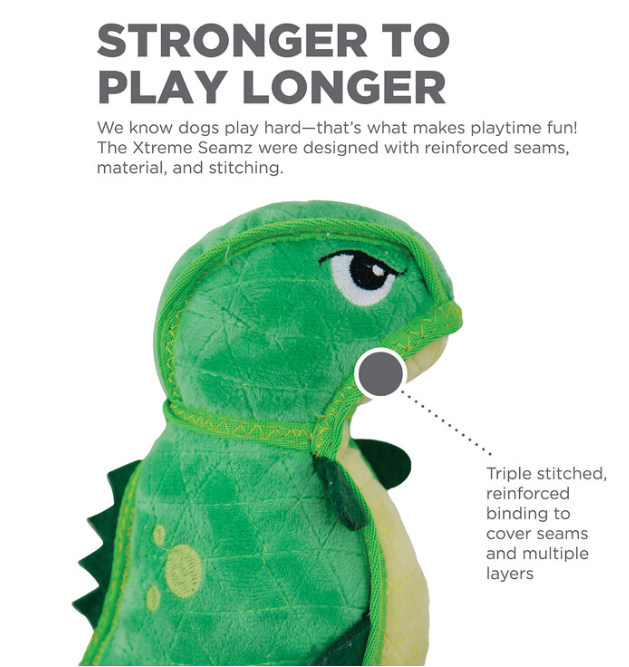 Outward Hound Xtreme Seamz Dino Plush Dog Toy, Medium 9 in