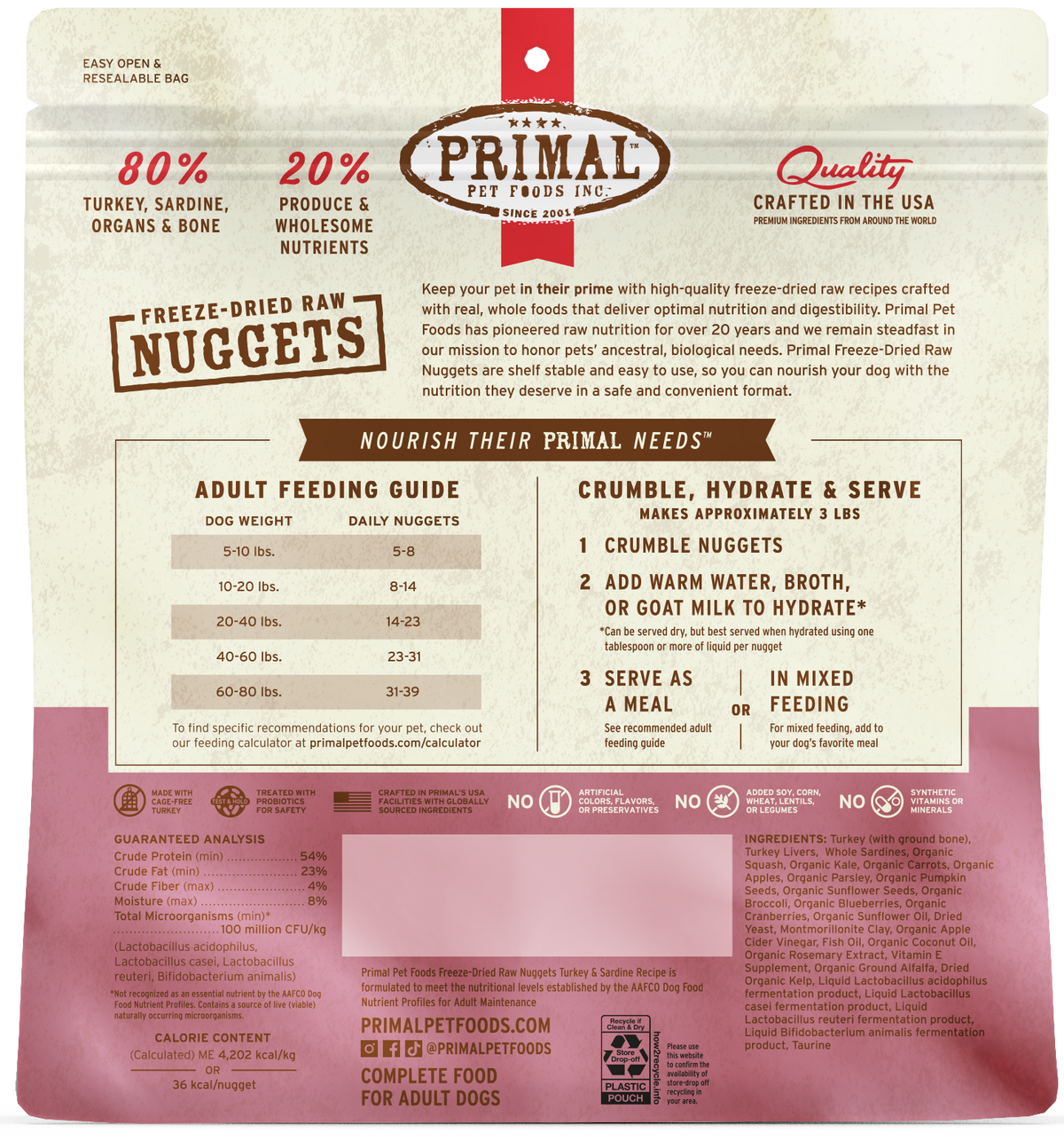 Primal Turkey & Sardine Formula Nuggets Grain-Free Freeze-Dried Dog Food 14 oz
