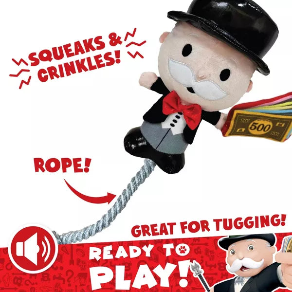 Hasbro Monopoly Mr. Moneybags Plush & Rope Tug Dog Toy 8 in