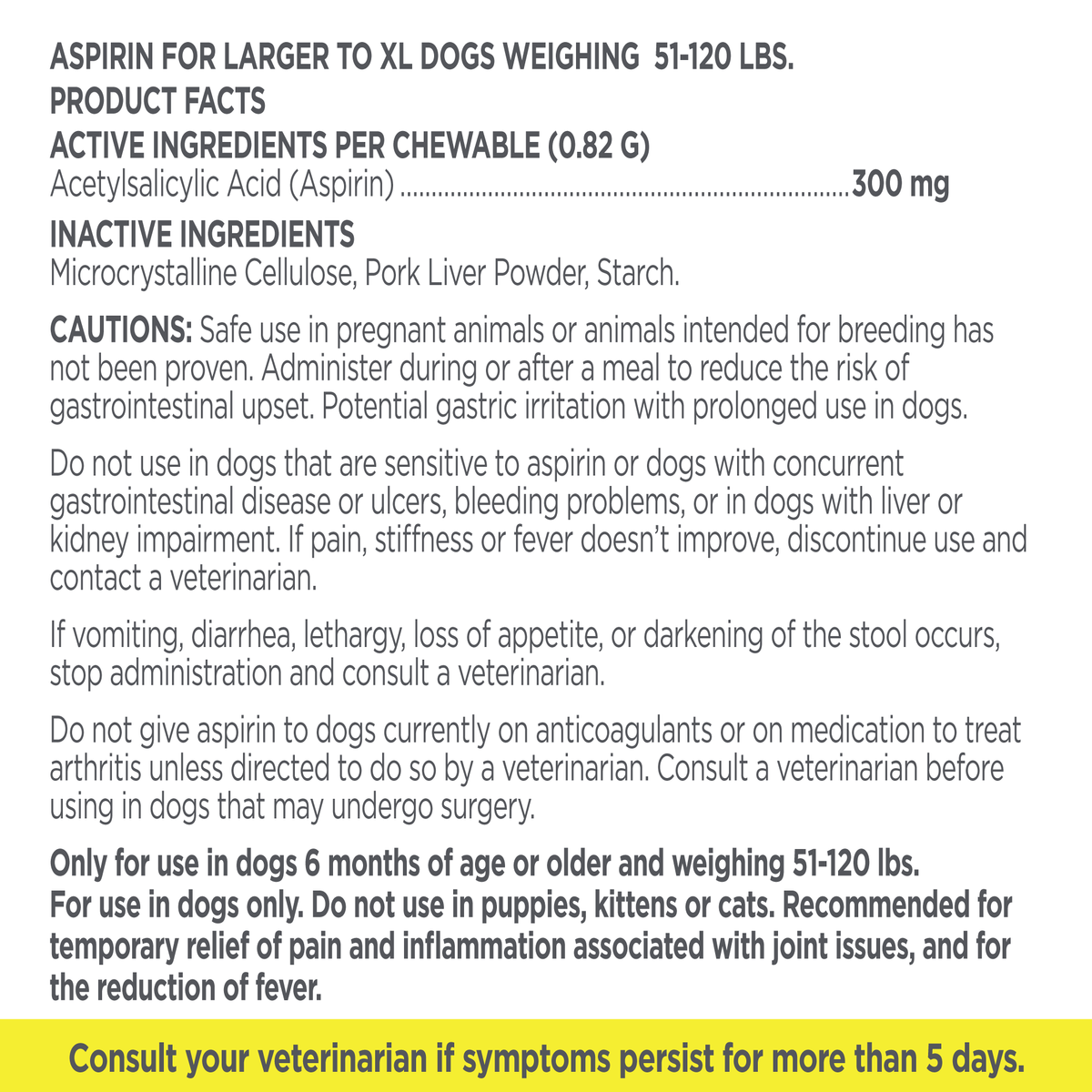 Vetality Canine Aspirin- Fast Acting Pain Relief for Dogs Over 50 lbs 120 ct