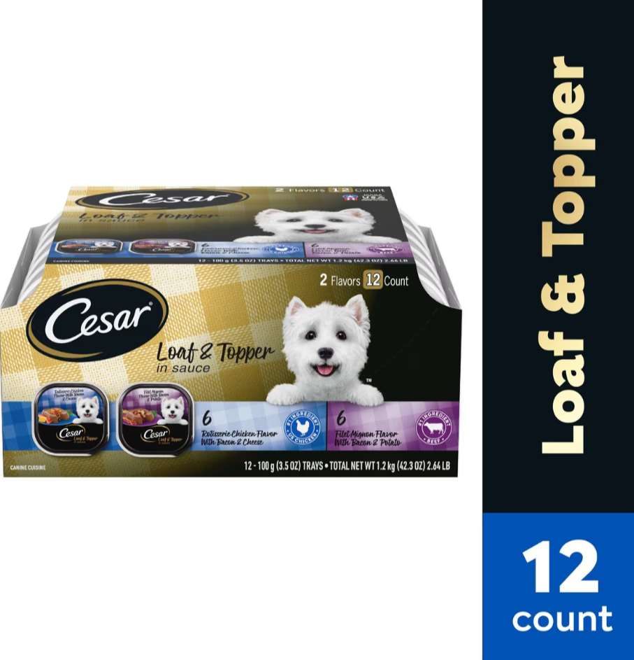 Cesar Loaf in Sauce Rotisserie Chicken & Filet Mignon Flavors Grain-Free Variety Pack Wet Dog Food 12 ct