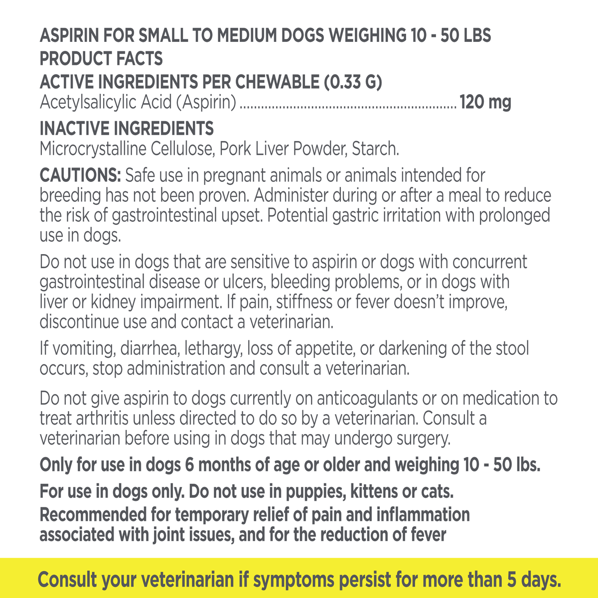 Vetality Canine Aspirin- Fast Acting Pain Relief for Dogs 10-50 lbs 75 ct