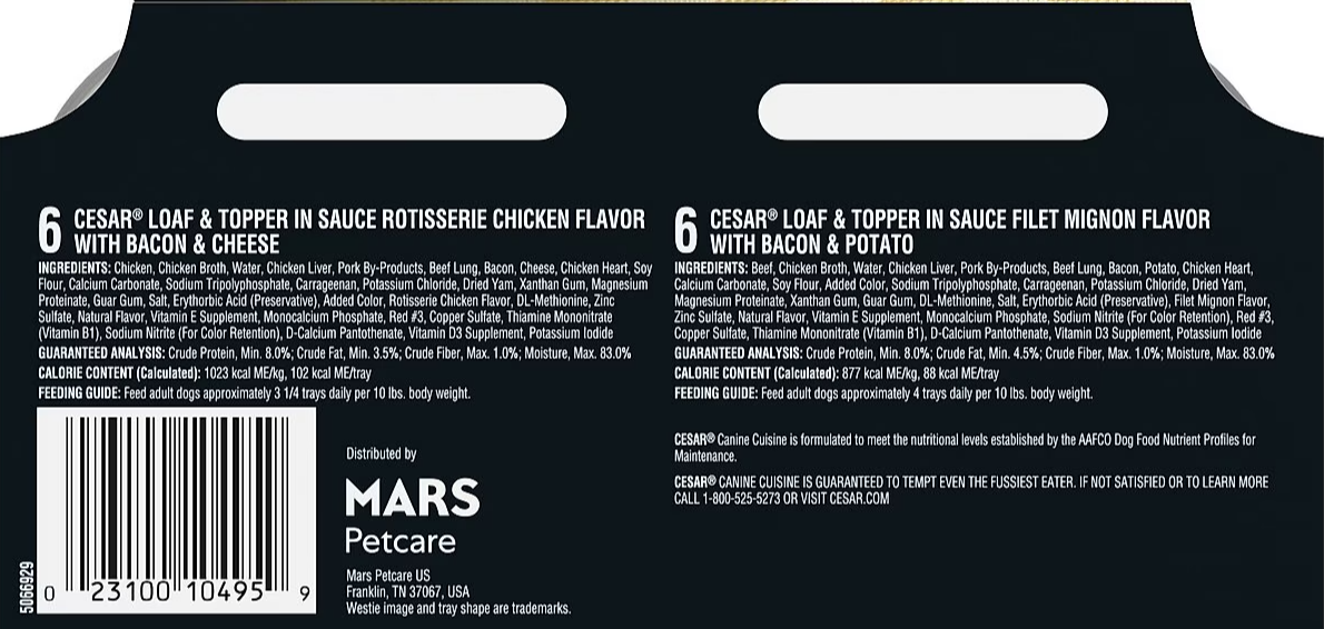 Cesar Loaf in Sauce Rotisserie Chicken & Filet Mignon Flavors Grain-Free Variety Pack Wet Dog Food 12 ct