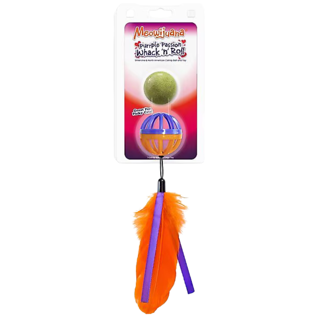 Meowijuana Purple Passion Whack 'n' Roll Compressed Catnip Ball Toy with Cage