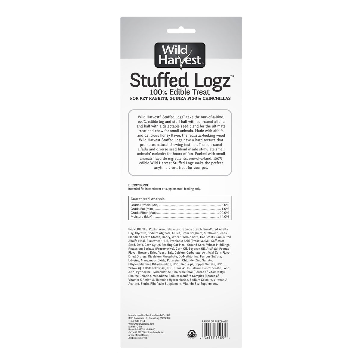 Wild Harvest Stuffed Logz Edible Small Animal Treat- Peanut Butter Flavor 7.7 oz