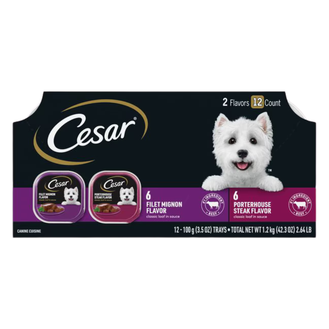 Cesar Classic Loaf in Sauce Filet Mignon & Porterhouse Steak Flavors Variety Pack Grain-Free Small Breed Adult Wet Dog Food 12 ct