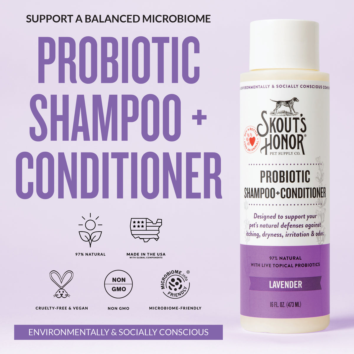 Skout's Honor Probiotic Shampoo + Conditioner Lavender Scented for Dogs & Cats 16 oz