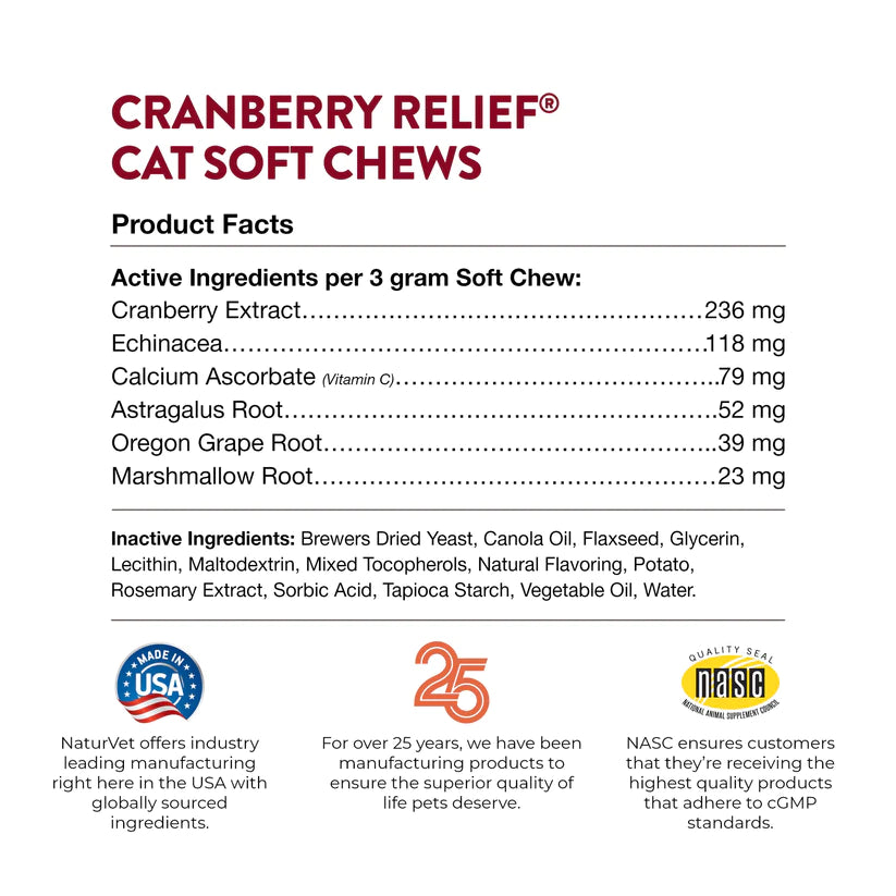 Naturvet Cranberry Relief Plus Echinacea Soft Chews Urinary Supplement for Cats 60 ct