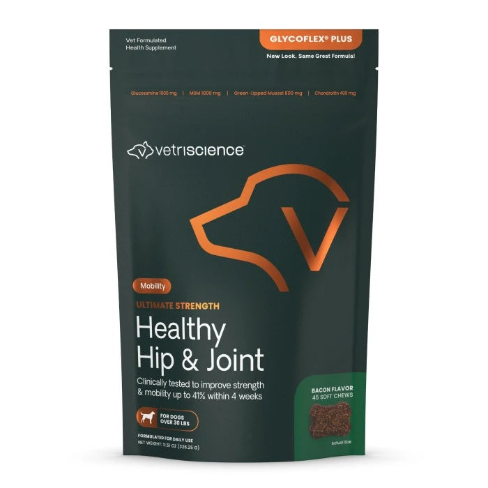 Vetriscience Ultimate Strength Healthy Hip & Joint Mobility Bacon Flavored Soft Chews for Dogs 30lb + 45 ct