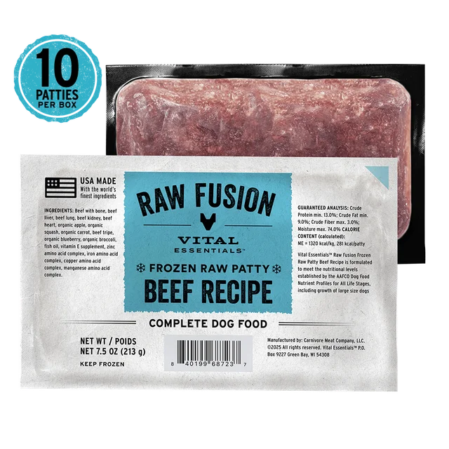 Vital Essentials Fusion Beef Dinner Patties Raw Grain-Free Frozen Dog Food 10 ct