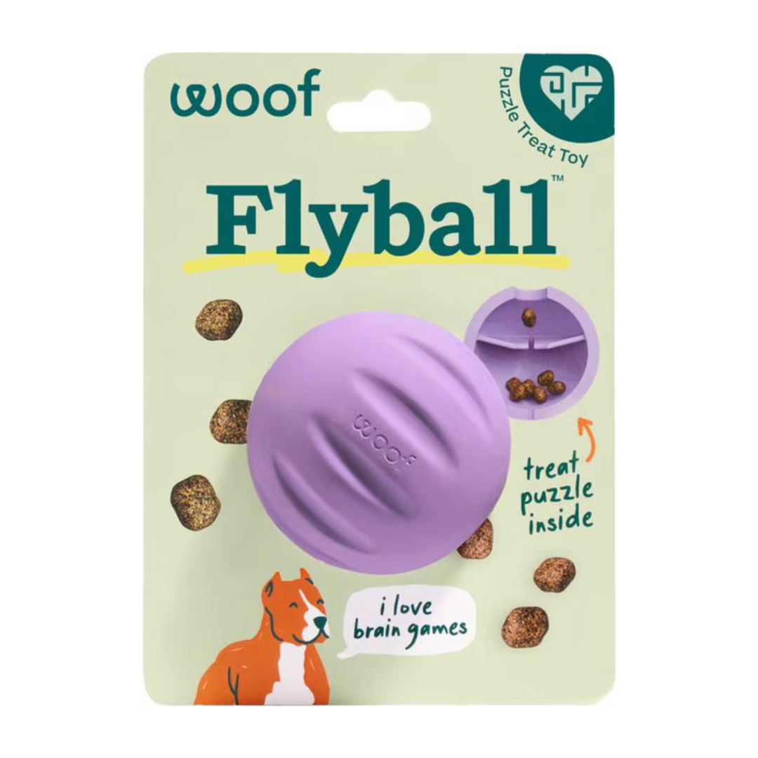 Woof Flyball Fetch Ball & Occupying Treat Dispensing Puzzle Dog Toy- Lavender